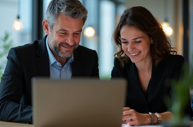 A man and a woman, both in suits, are happily looking at a laptop together.