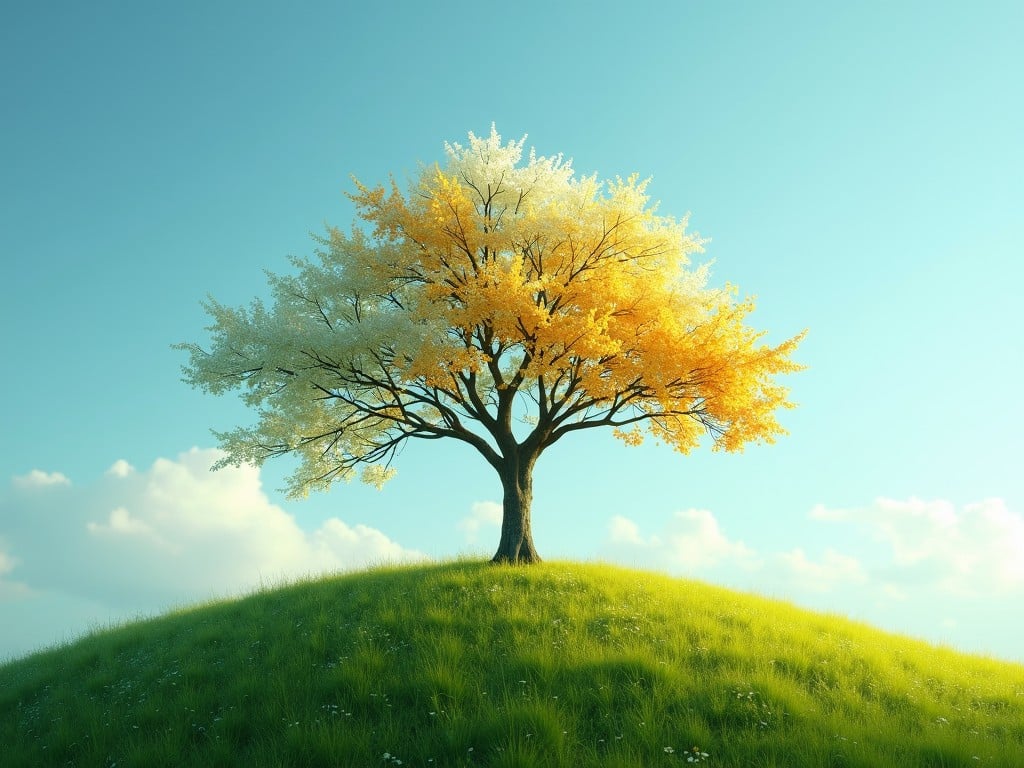 An enchanting image of a solitary tree standing atop a grassy hill, showcasing leaves in both vibrant yellow and white hues. The sky is a clear blue with fluffy clouds scattered in the background, creating a serene and peaceful atmosphere. The tree symbolizes the transition between seasons, capturing the essence of change and renewal.