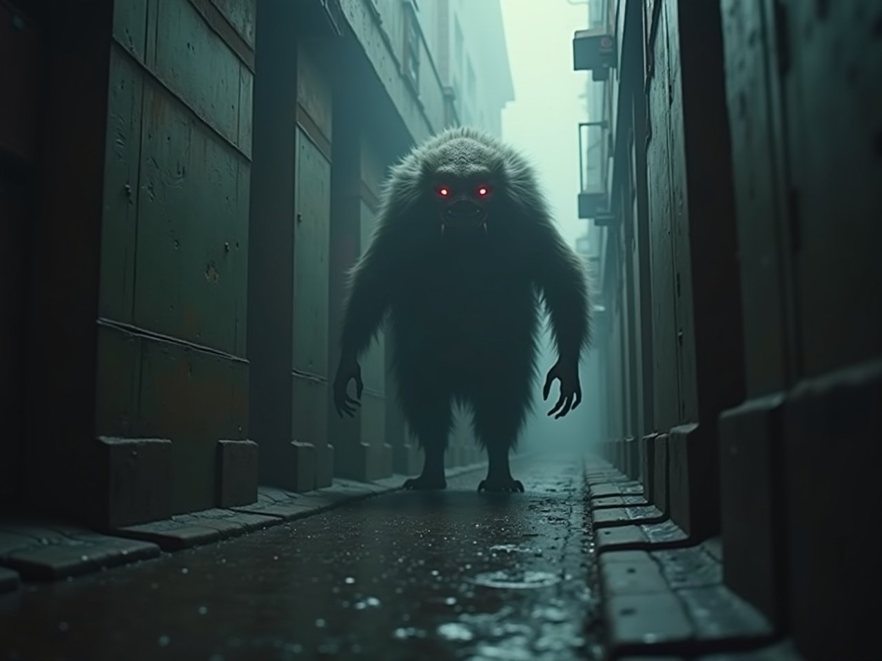 The image depicts a scary, non-humanoid creature lurking in a dimly lit urban alley. It stands mid-distance, emphasizing its menacing stature and features. The creature has glowing red eyes that stand out against the dark palette. Fog enshrouds the scene, enhancing the eerie atmosphere. The narrow alley is lined with rustic building textures, setting a haunting backdrop for the encounter. The overall mood is tense and foreboding, inviting curiosity and fear.