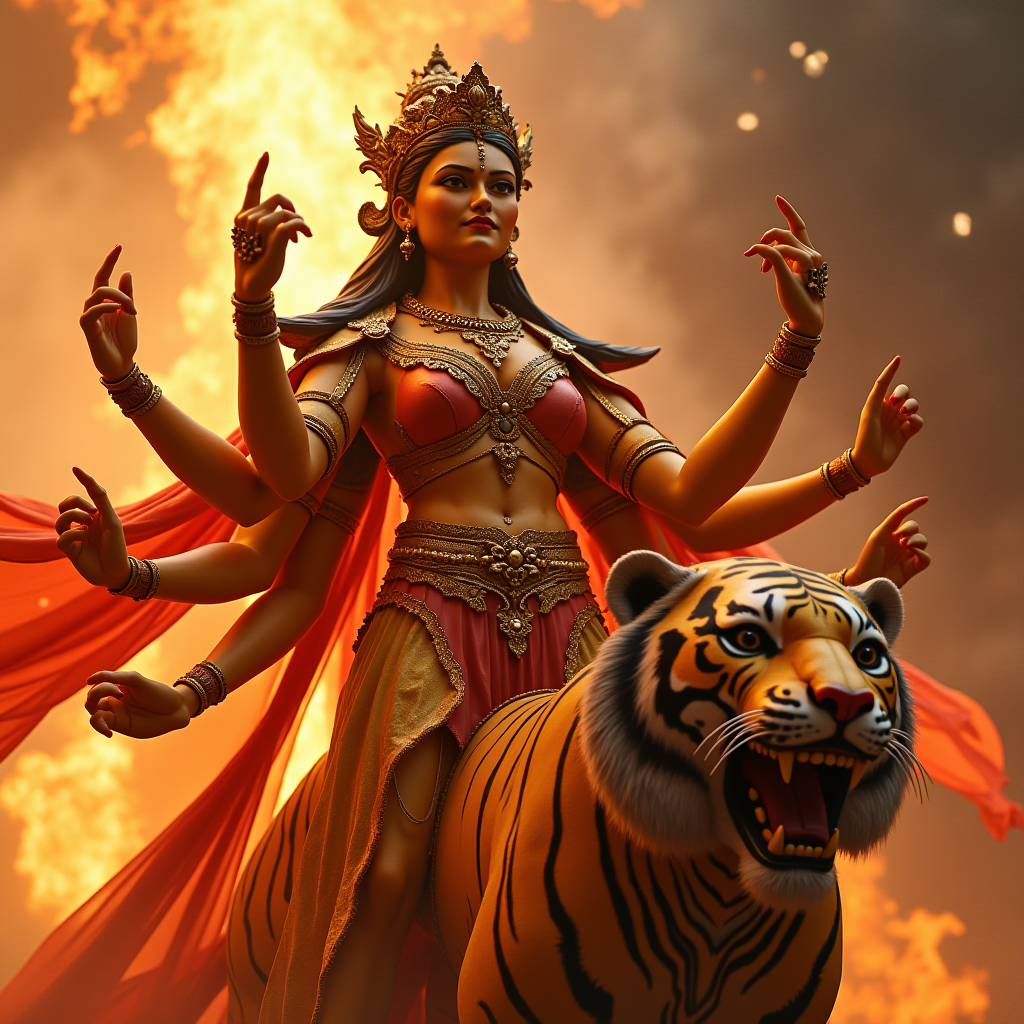 The image portrays a fierce and divine female figure, depicted with multiple arms, embodying strength and empowerment. She is adorned with intricate golden jewelry and a regal headdress, enhancing her majestic presence. She rides a tiger, which adds to her aura of power and dominance. The background is ablaze with fiery hues, suggesting an intense and dynamic atmosphere. Her expression is determined and commanding, symbolizing protection and fearlessness.