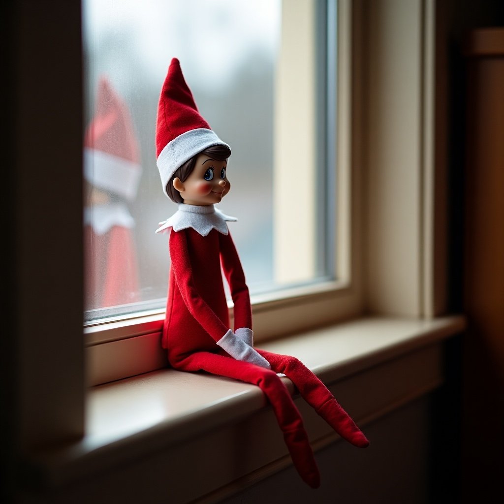 The image features an Elf on the Shelf doll sitting on a windowsill. The elf, dressed in a red outfit with a white collar, gazes thoughtfully out into the distance. Soft natural light from the outside filters through the window, illuminating the elf's friendly face. The setting hints at a cozy home atmosphere, perfect for the holiday season. This scene symbolizes the warmth and magic associated with Christmas traditions.