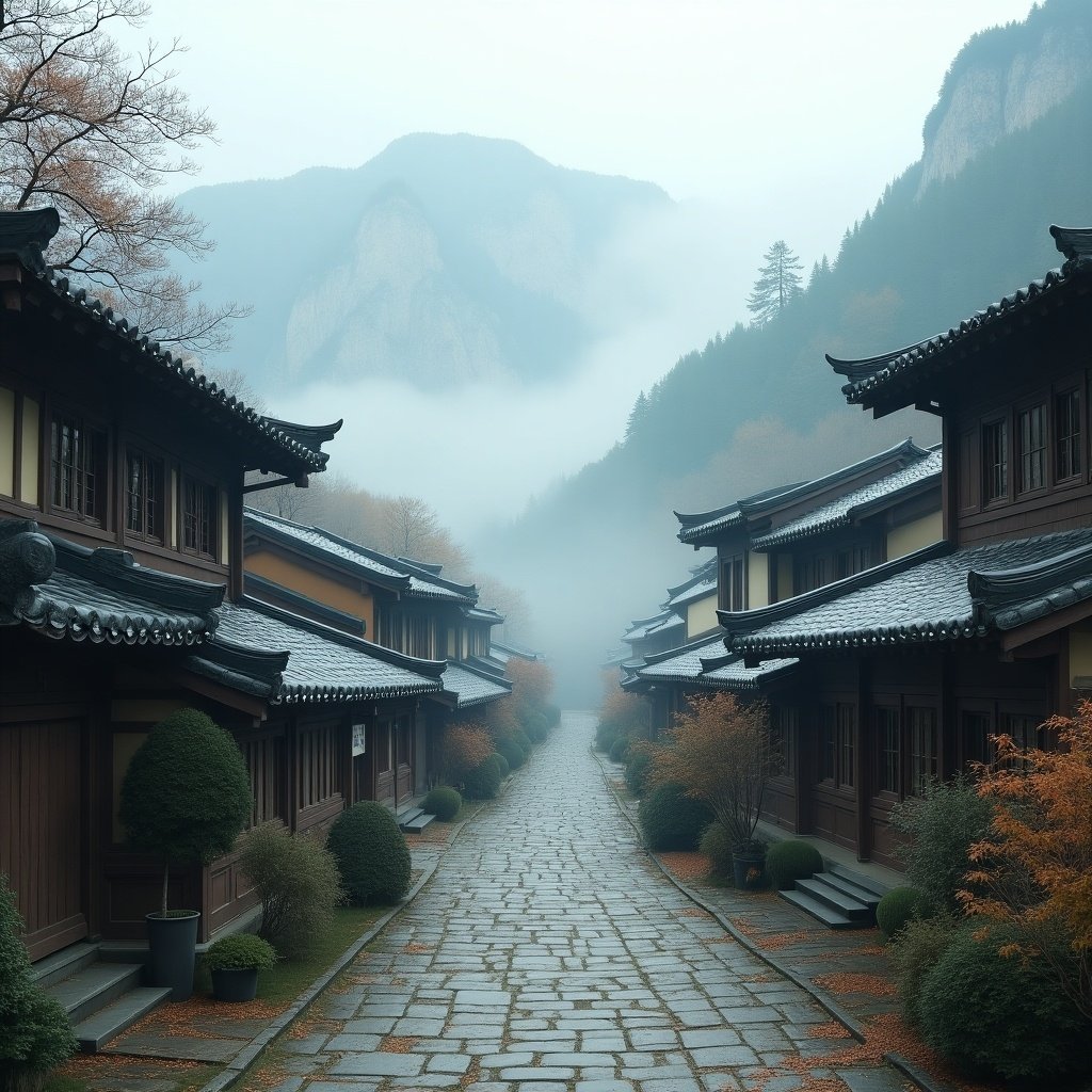 A misty mountain village with traditional architecture surrounded by fog and trees.