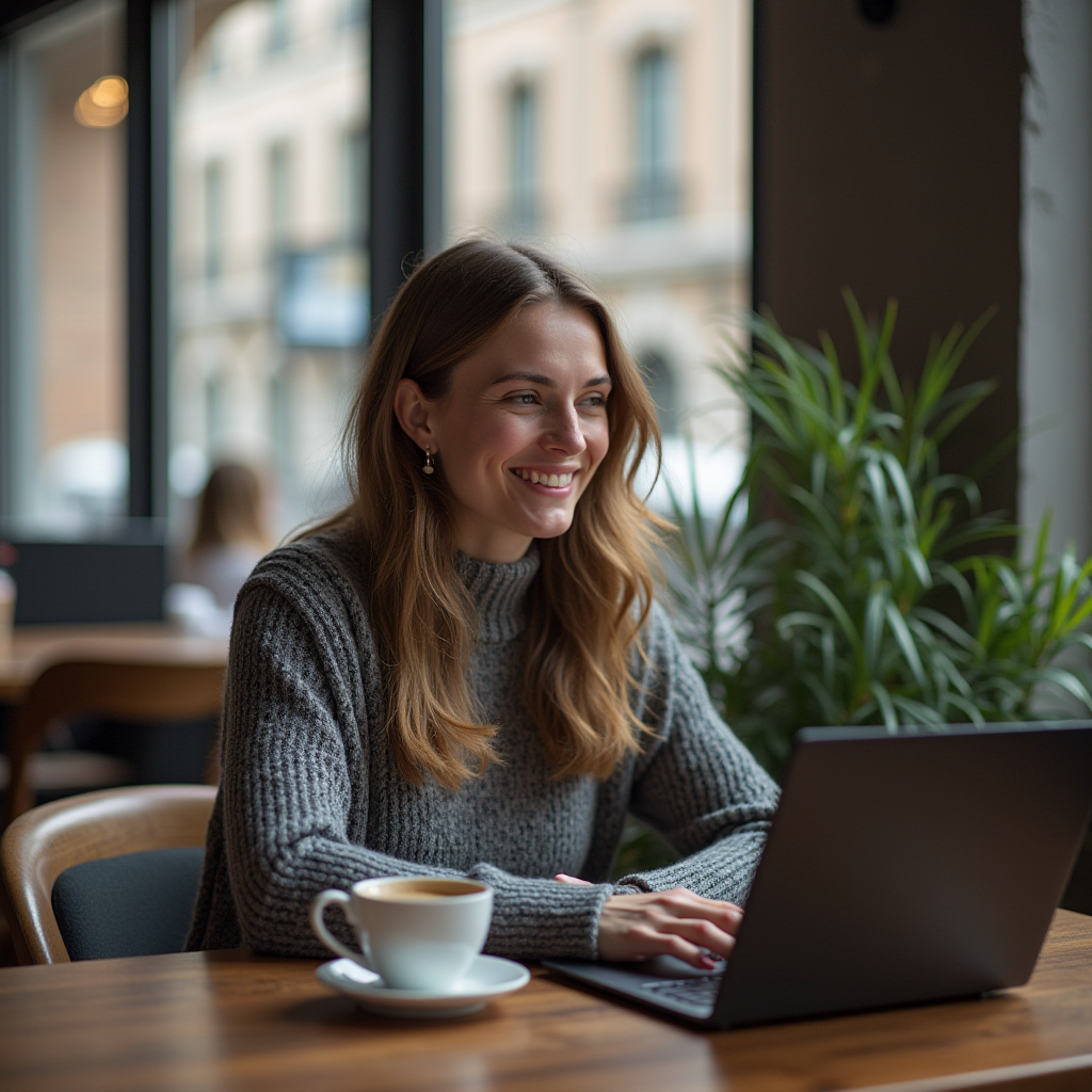 A woman working on a laptop in a coffee shop, surrounded by plants.