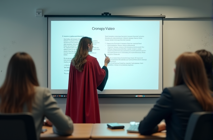 A person in a graduation cap and gown presents information on a projector screen to a seated audience.