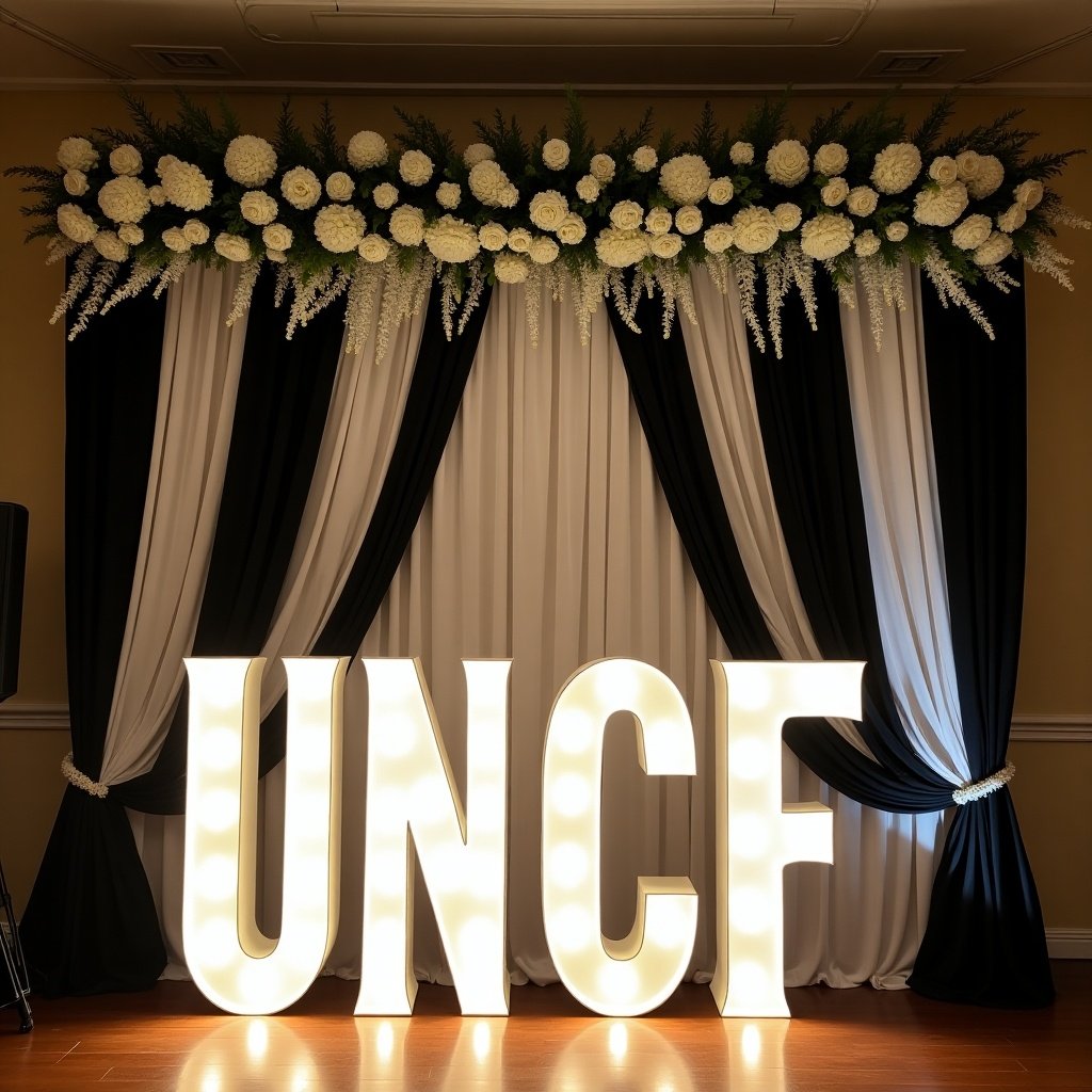 The image showcases an elegant backdrop featuring beautiful black and white drapes, creating a sophisticated atmosphere. At the center, large light-up letters spell 'UNCF', adding a striking focal point. Above the letters, a stunning arrangement of white flowers adds a touch of elegance and warmth. The soft lighting illuminates the entire setup, enhancing the overall ambiance. This setup is perfect for events like galas, fundraisers, or celebrations.