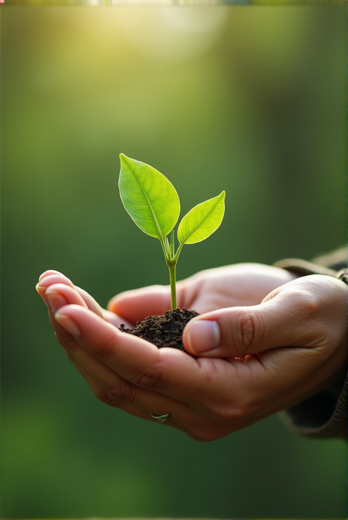 Hands gently cradle a small plant growing in soil against a blurred green background, symbolizing nurturing and new beginnings.