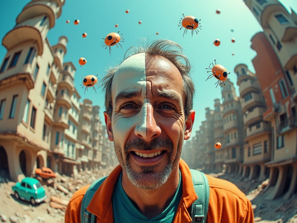 A surreal portrait of a smiling man in an urban environment with whimsical floating orange creatures around him. The setting features unique, futuristic architecture, and the mood is playful and vibrant.