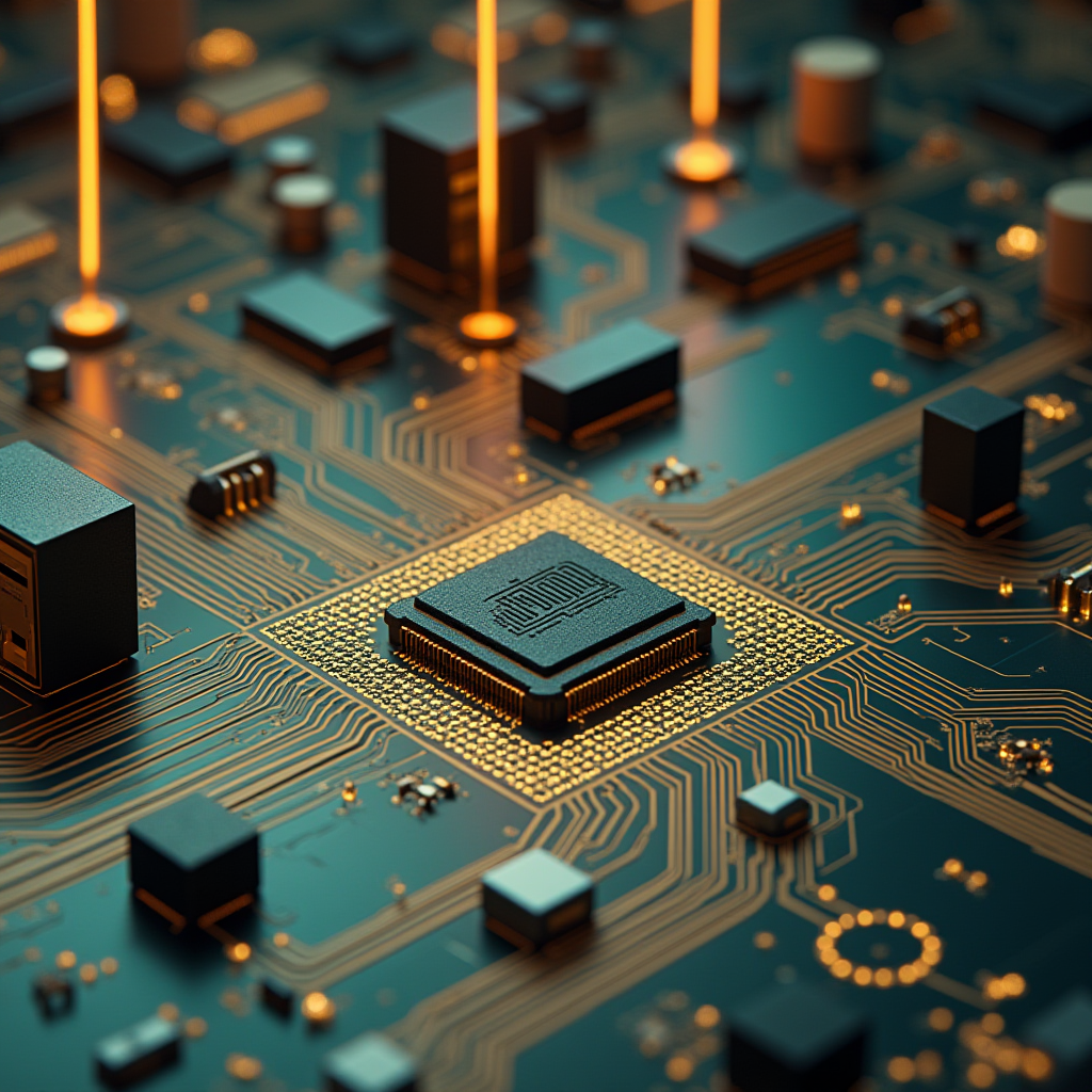 A close-up view of a glowing circuit board with interconnected pathways and components.