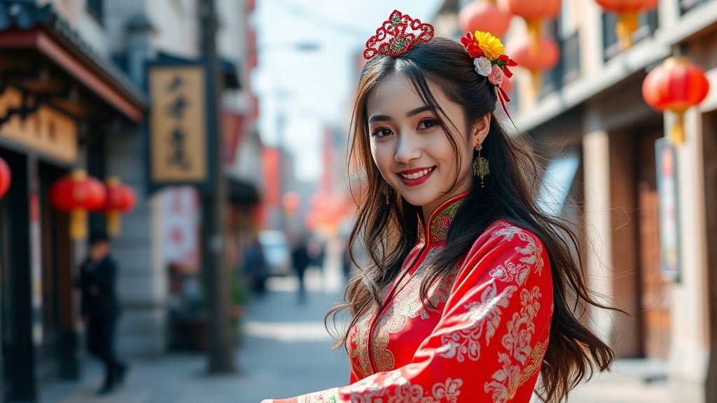 A woman in traditional attire stands smiling on a festive street with lanterns.