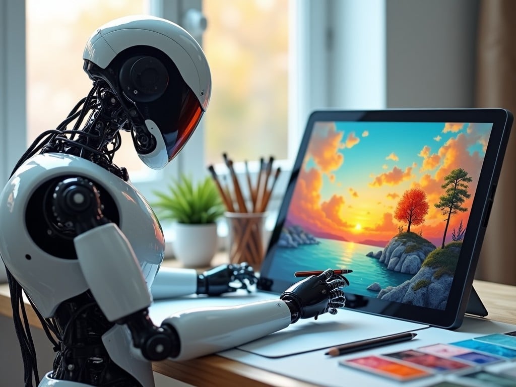 A futuristic scene featuring a robot engaged in digital art creation. The robot, with sleek metallic parts, is seated at a desk, intently working on a digital screen. The screen displays a beautiful landscape with vibrant colors. The room is illuminated by natural light from the window, creating a warm atmosphere. Various art supplies are scattered on the desk, hinting at creativity. This illustration blends technology with artistry, showcasing the potential of AI in the creative field.