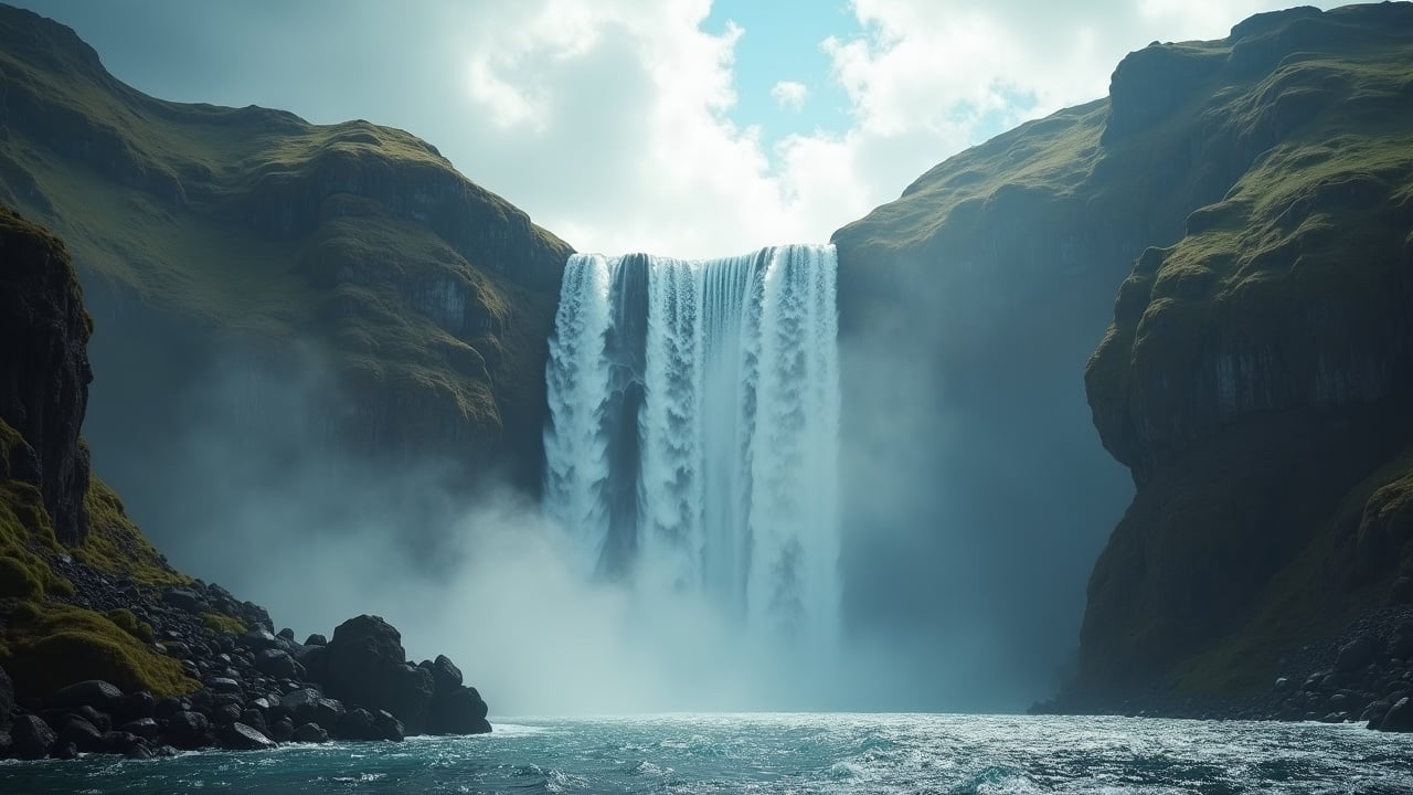 a majestic, towering waterfall cascading into a misty pool below, surrounded by lush, green cliffs under a partly cloudy sky, capturing a serene and powerful landscape.