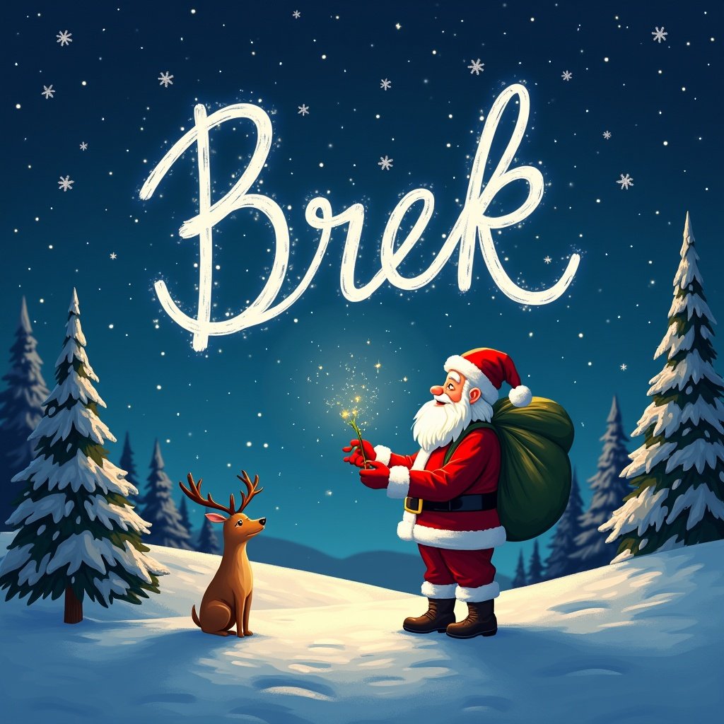 This image features Santa Claus standing in a snowy landscape, holding a sparkler that creates the word 'Brek' in the starry sky. Flanking him are tall evergreen trees dusted with snow, enhancing the winter atmosphere. A curious reindeer stands by his side, adding to the holiday charm. The scene is illuminated with a soft, magical glow that highlights the joy of Christmas. The stars twinkle around the enchanting display, creating a festive and warm feeling.