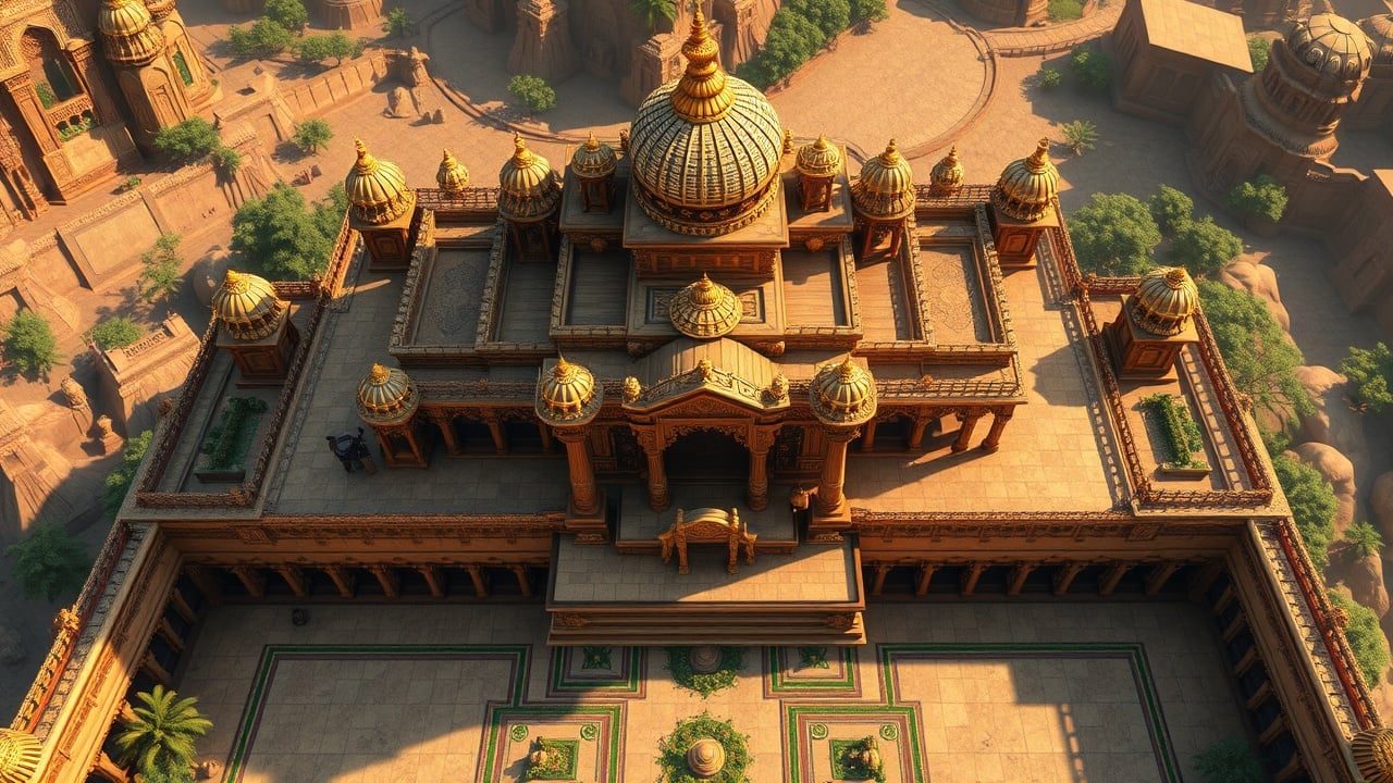 Aerial view of an ancient golden-domed palace with intricate architecture, surrounded by a desert landscape and sparse greenery.