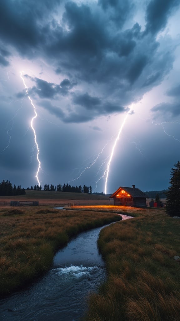 A scenic landscape features a cabin with warm lights amidst a stormy sky and lightning strikes.