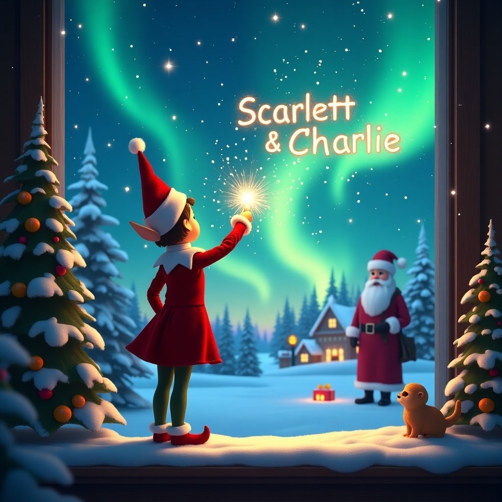 The image depicts a joyful elf on the shelf, facing a beautiful display of northern lights in the sky. With a wand in hand, the elf casts magical sparkles to write 'Scarlett & Charlie.' In the scenic background, Santa Claus stands near a cozy, snow-covered house, enhancing the holiday vibe. The ground is blanketed in snow, and Christmas trees adorn the sides, creating a festive atmosphere. This enchanting scene is warm and inviting, perfect for capturing the spirit of Christmas.