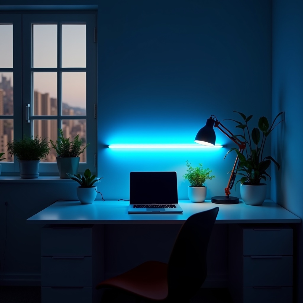 This image showcases a minimalist home office setup, featuring a sleek desk illuminated by a vibrant blue neon light. The focus is on a modern laptop placed on a tidy white desk, complemented by potted plants that add a touch of greenery. A stylish desk lamp is positioned next to the laptop, enhancing the workspace ambiance. The window in the background reveals a cityscape, providing a panoramic view. Overall, the composition creates a serene and inspiring work environment.