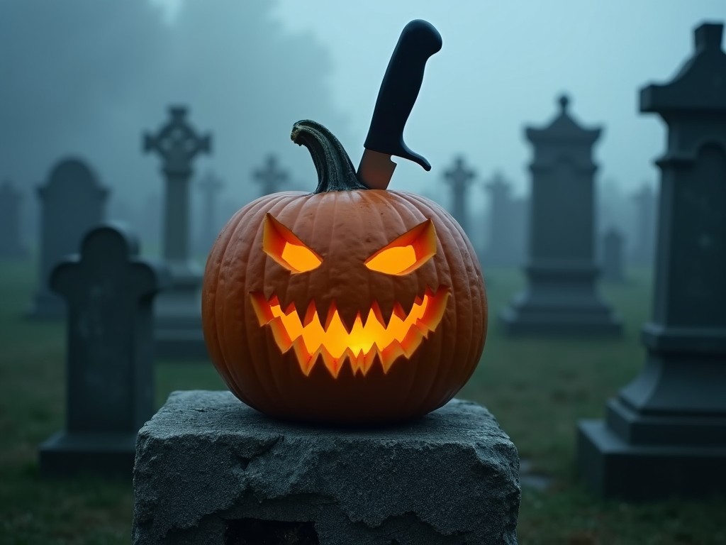 A carved pumpkin sits ominously on a stone in a graveyard, featuring a menacing face with grinning teeth and glowing eyes. A knife is plunged into the top of the pumpkin, heightening its eerie look. The background is enveloped in fog, adding to the Halloween atmosphere. Dark tombstones are visible through the mist, contributing to the scene's haunting feel. This image perfectly embodies themes of Halloween and the supernatural.