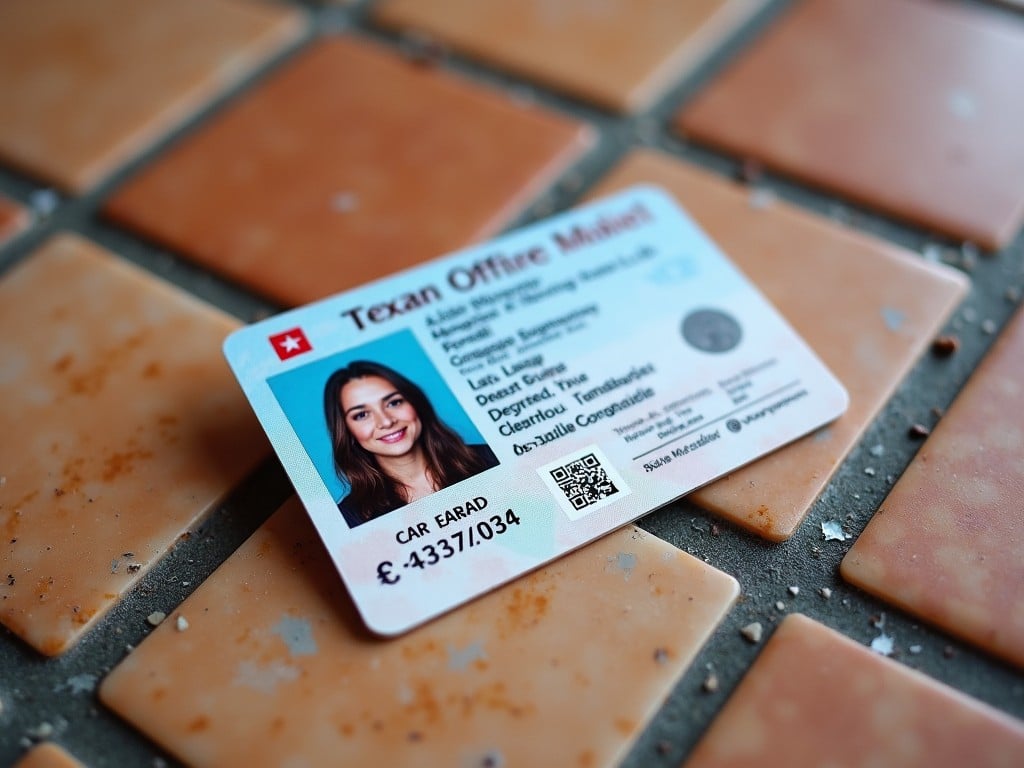 This image shows an ID card placed on a surface of square tiles. The card is mostly blue with white sections and contains personal information, including a photograph. The tiles beneath the card have a brownish hue, adding contrast. The light illuminates the card, making the details clear and easy to read. This composition effectively displays the ID card while providing context with the tiled background. It would serve well in discussions about identification or security matters.