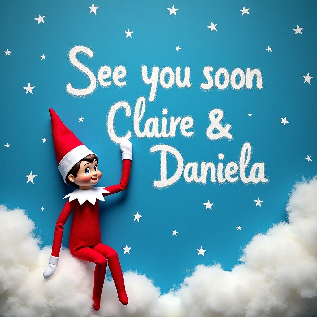 The image features an Elf on the Shelf character dressed in a bright red outfit with white trim. The elf is depicted playfully pointing at text that reads 'See you soon Claire & Daniela' written in fluffy white clouds against a blue sky. The charming character appears joyful and inviting, creating a festive atmosphere. Surrounding the elf are stylized fluffy clouds and stars, adding a whimsical touch. This imagery captures the essence of holiday joy and excitement for kids, making it perfect for various seasonal promotions and greetings.