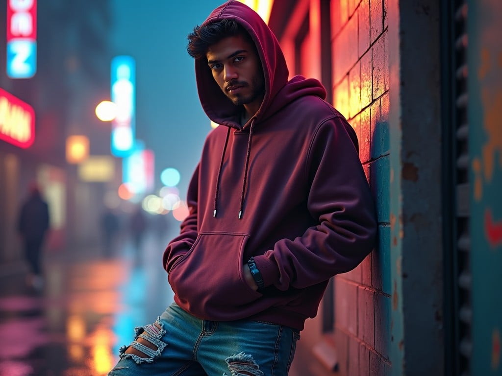 The image depicts a young man standing against a wall in an urban setting. He is wearing a maroon hoodie and distressed jeans. The background is illuminated with bright neon lights, creating a vibrant atmosphere. The street appears wet, suggesting a recent rain. A moody ambiance is conveyed through the color palette and lighting.