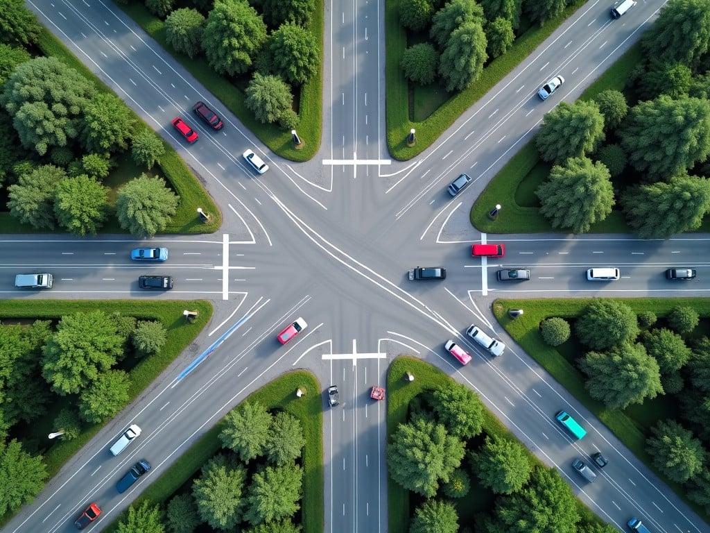 This image shows a top-down view of a T-type highway interchange. The intersection is busy with various vehicles traveling in different directions. Lush green trees surround the roads, creating a vibrant contrast to the gray pavement. The layout of roads is clearly defined, showcasing lanes and markings. This perspective emphasizes the organization and complexity of urban traffic management.