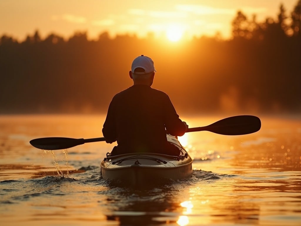 a person kayaking on the water during a sunset, serene and peaceful, with golden light reflecting on the water