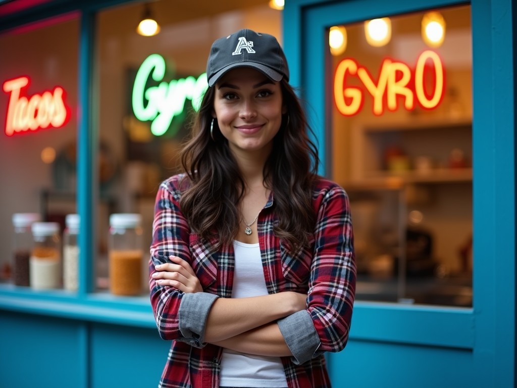 Young woman in casual attire standing in front of a neon-lit food stall with 'Tacos' and 'Gyro' signs.