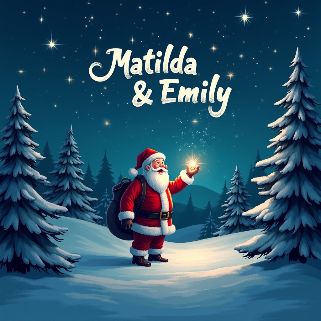 An enchanting and magical scene depicts Santa Claus standing in a snowy landscape at night. He is joyfully writing the name 'Matilda & Emily' in the sky with a soft, glowing light. The scene is illuminated by stars, creating a whimsical atmosphere. Surrounding Santa are snow-covered trees, enhancing the winter wonderland vibe. The image captures the essence of holiday cheer and the spirit of giving.