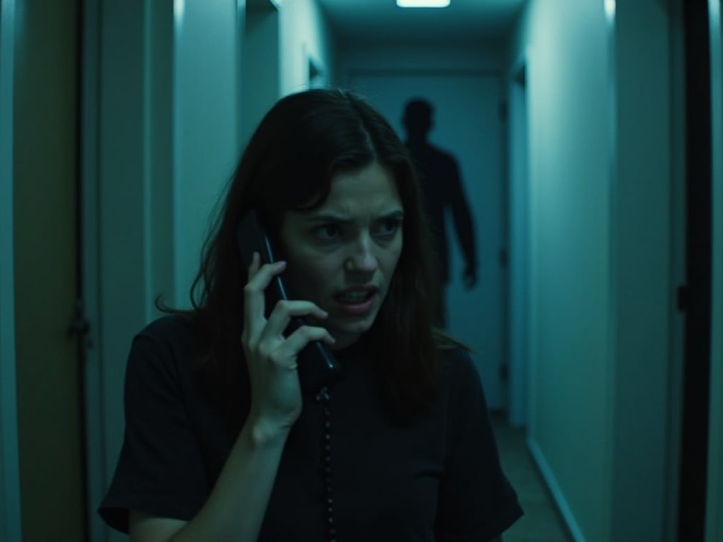 In a dimly lit hallway, a woman stands gripping a telephone with an intense expression. She seems to be in distress, perhaps receiving unsettling news. In the background, a shadowy figure lurks, adding an element of danger. The lighting casts eerie shadows, enhancing the suspenseful mood. The scene captures the essence of a psychological thriller, where every detail heightens the tension of the moment.