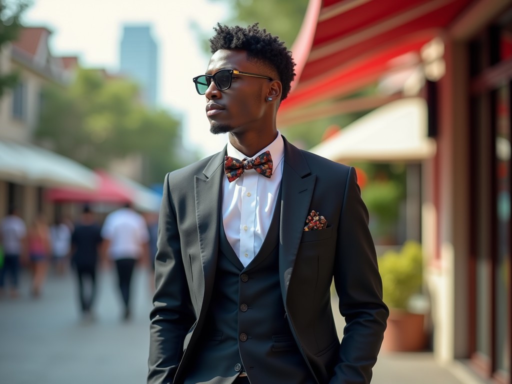 A stylish individual walks confidently down a bustling city street. Dressed in a sharp black suit with a patterned bow tie and matching pocket square, he exudes confidence and sophistication. The background features blurred figures and buildings, emphasizing the subject's prominence and the urban environment.