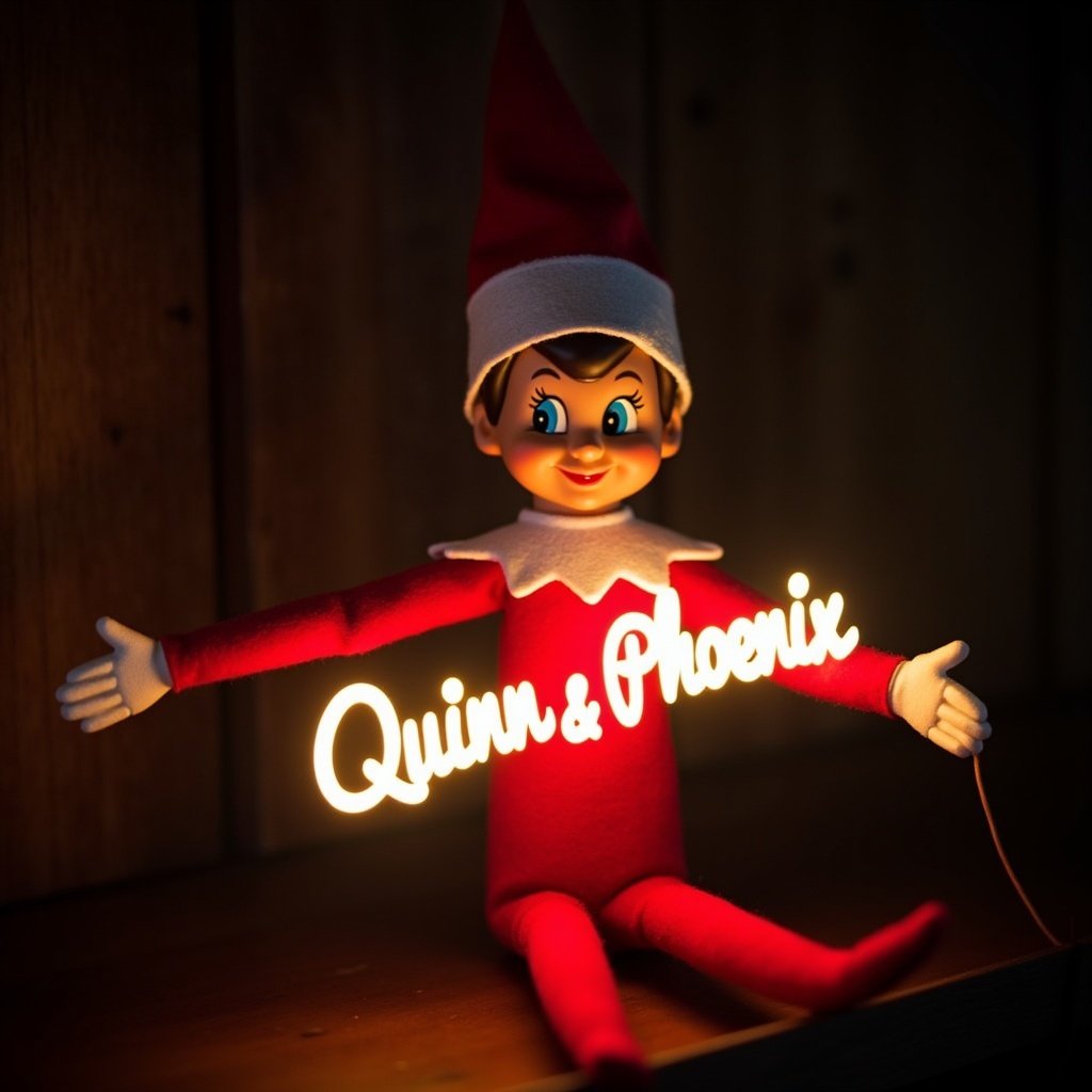 This image features an elf on the shelf character, dressed in traditional red and white attire. The elf is holding a glow stick that forms the name 'Quinn & Phoenix' in bright, soft light. The background is dark, which enhances the glowing effect of the text. It creates a warm, festive atmosphere, embodying the joy of the holiday season. The scene evokes feelings of magic and cheer associated with Christmas celebrations.