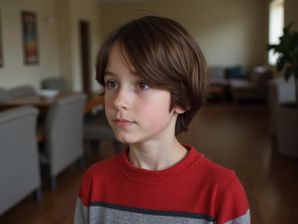 Portrait of a young boy with brown hair, wearing a red and grey sweater, in a softly lit indoor setting.