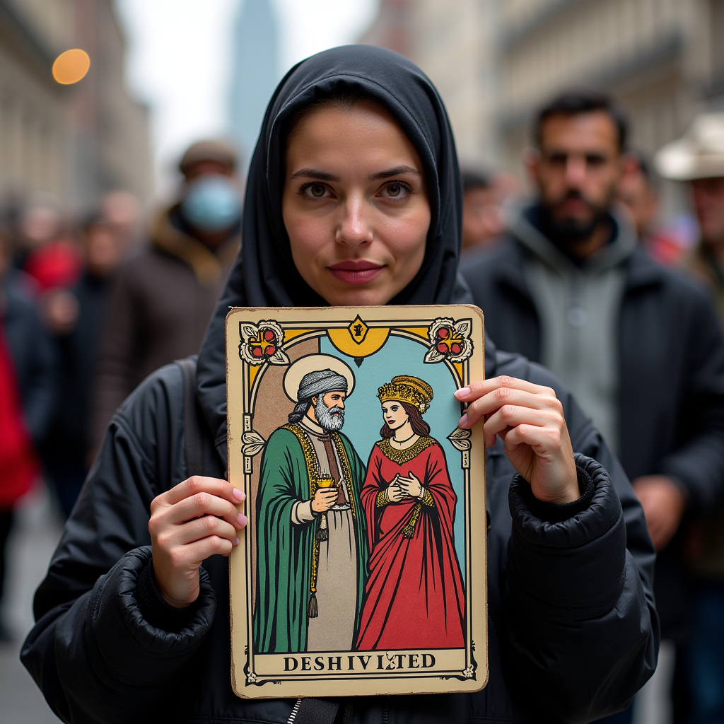 The image features a woman standing outdoors in a crowded urban environment. She is wearing a black headscarf and a black jacket, looking directly at the camera. In her hands, she is holding a framed piece of art that depicts two figures, traditionally dressed, with ornate borders. The artwork includes two stylized characters that might be from a historical or cultural illustration, with text below reading 'DESHIVLTED.' The background is slightly blurred, with people walking by, adding a contrast between the modern street setting and the traditional image she holds.