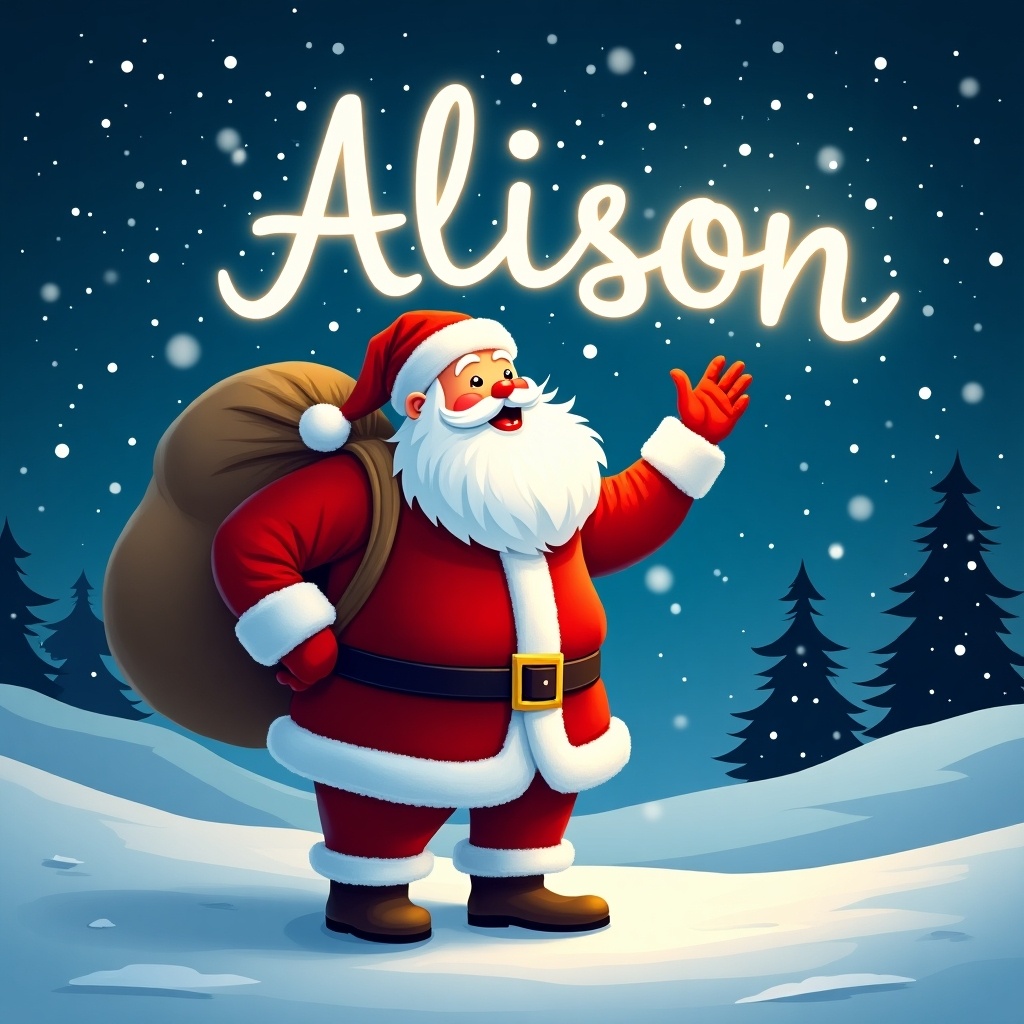 A cheerful Santa Claus stands in a snowy landscape, joyfully writing the name 'Allison' in the night sky with a magical light. He is dressed in a traditional red suit with white trim and carries a large sack over his shoulder. The background features a starry night sky sparkling with stars and gently falling snowflakes, enhancing the festive atmosphere. Pine trees are visible in the distance, completing the winter wonderland feel. The scene radiates joy and holiday spirit, perfect for celebrating Christmas.