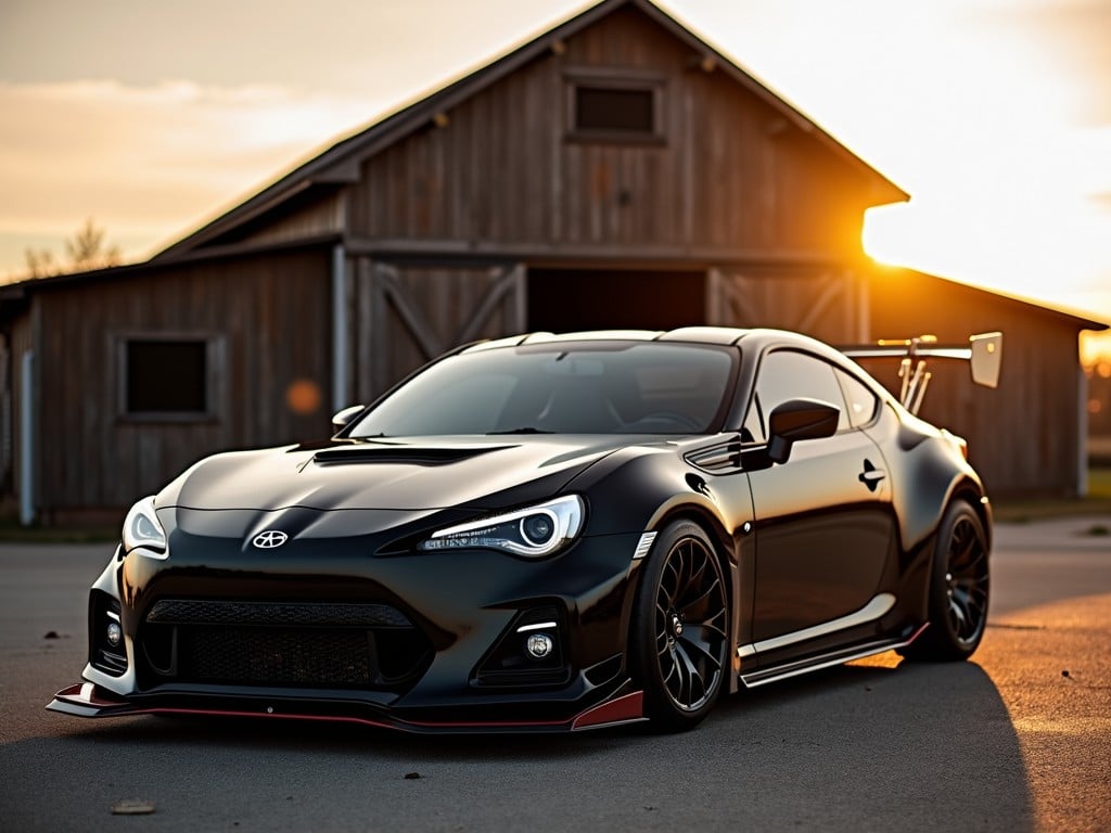 The image features a sleek black sports car parked on a paved area near a rustic wooden barn. The car, highlighted by the golden glow of a setting sun, boasts a sporty design accentuated by its aerodynamic shape and large rear wing. The scene captures a perfect blend of modern automotive aesthetics against a rural backdrop, emphasizing the car's elegance and speed.