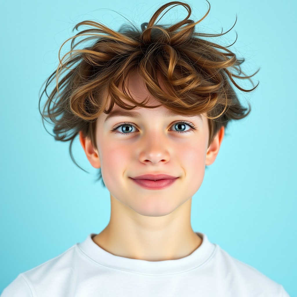 A smiling child with tousled hair against a light blue background.