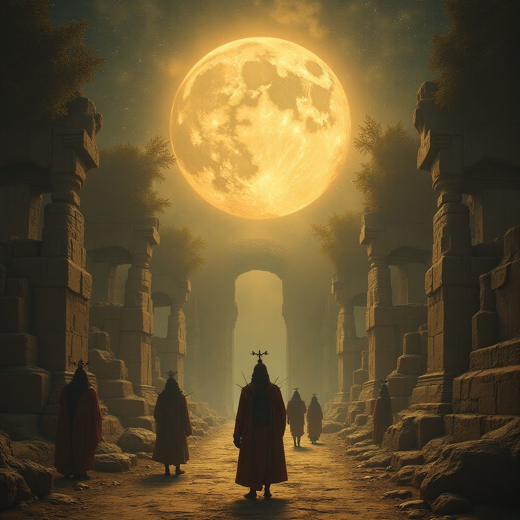 The image portrays a haunting scene with a massive moon illuminating the ruins of a grand structure. Shadows loom as mysterious figures wander through the ancient archways. Each figure wears dark robes, adding to the mystical atmosphere. The moon serves as a powerful focal point, creating a contrast against the deep blue and green hues of the night sky. This scene seems to blend elements of history with a fantasy twist, evoking thoughts of an imagined Utopia, even amid darkness.