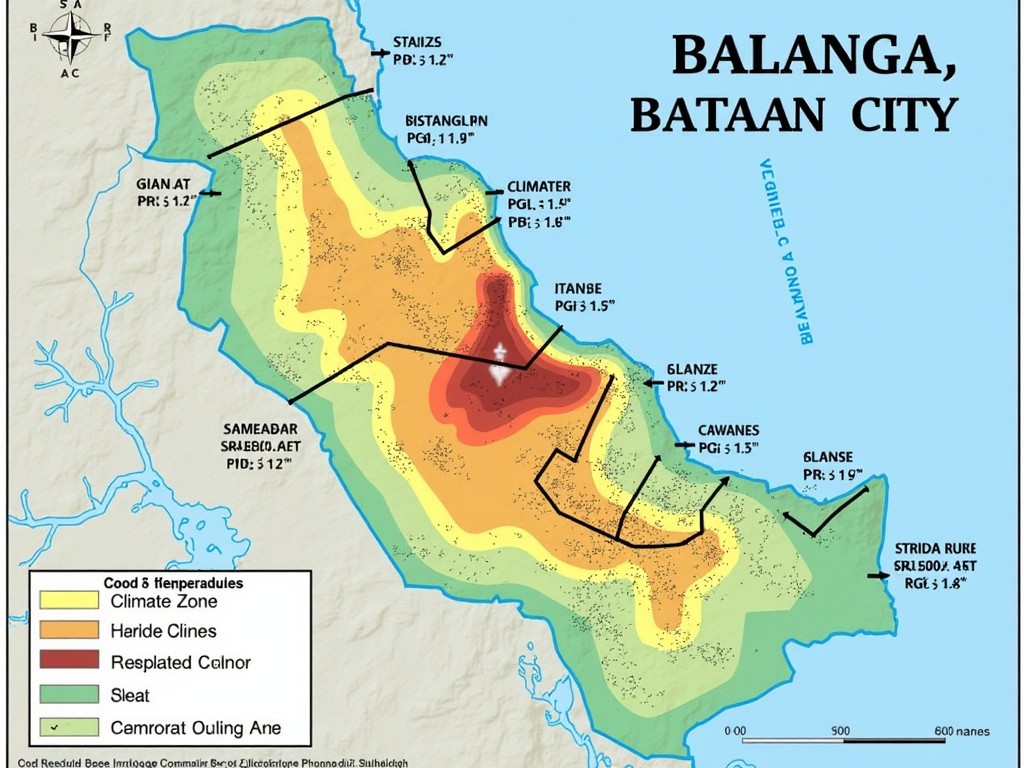 A colorful climate zone map of Balanga, Bataan City, illustrating various regions with different climate indicators and notable areas marked, featuring a top-down perspective with a vibrant color scheme.