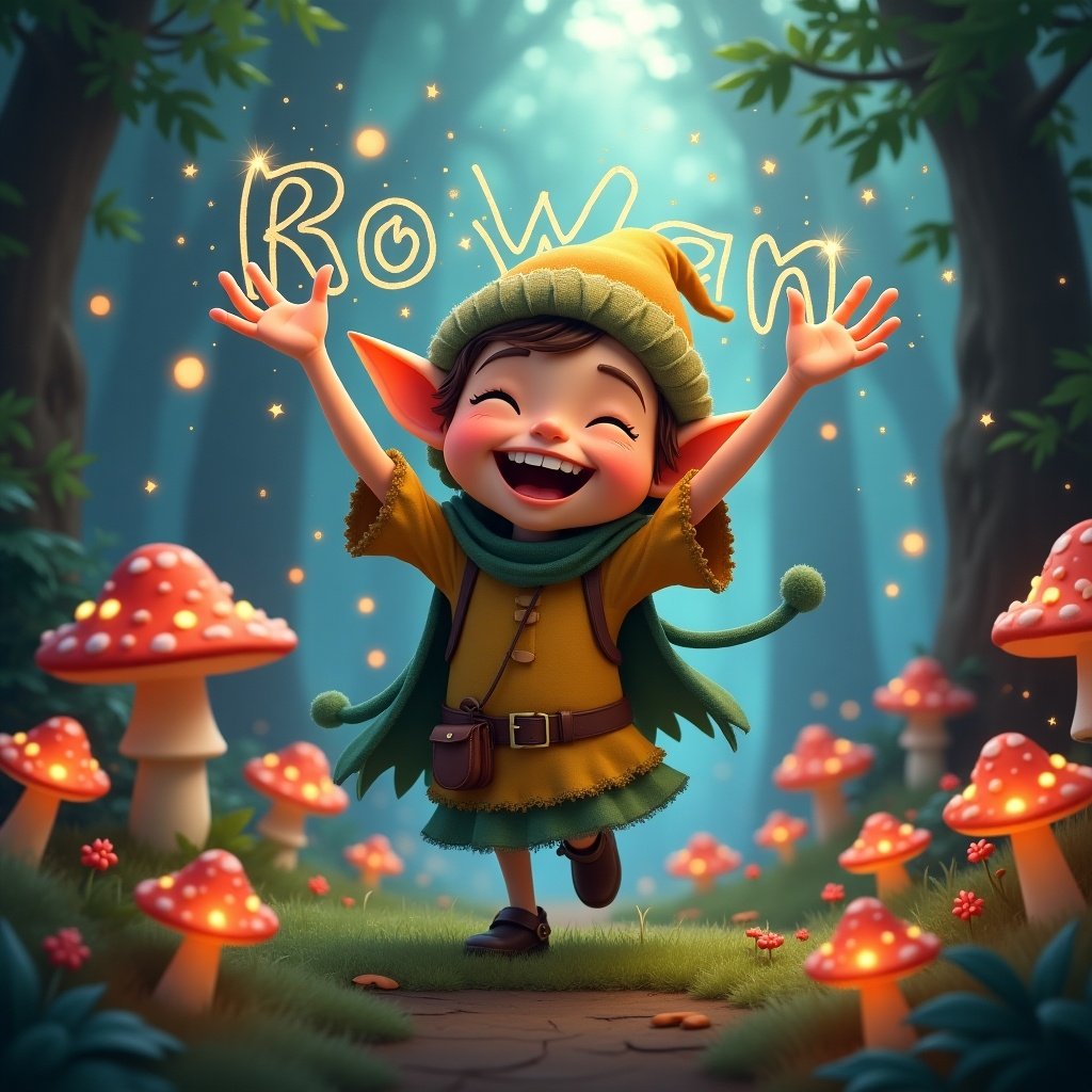 This image features a whimsical elf named Rowan, filled with joy and wearing a bright yellow outfit. He has a wide smile and is raising his arms in excitement, surrounded by colorful mushrooms in a magical forest setting. The soft, glowing light enhances the enchanting atmosphere. The character's name, Rowan, is playfully woven into the scene, adding a personal touch. This artwork is perfect for children's stories, games, and decor.