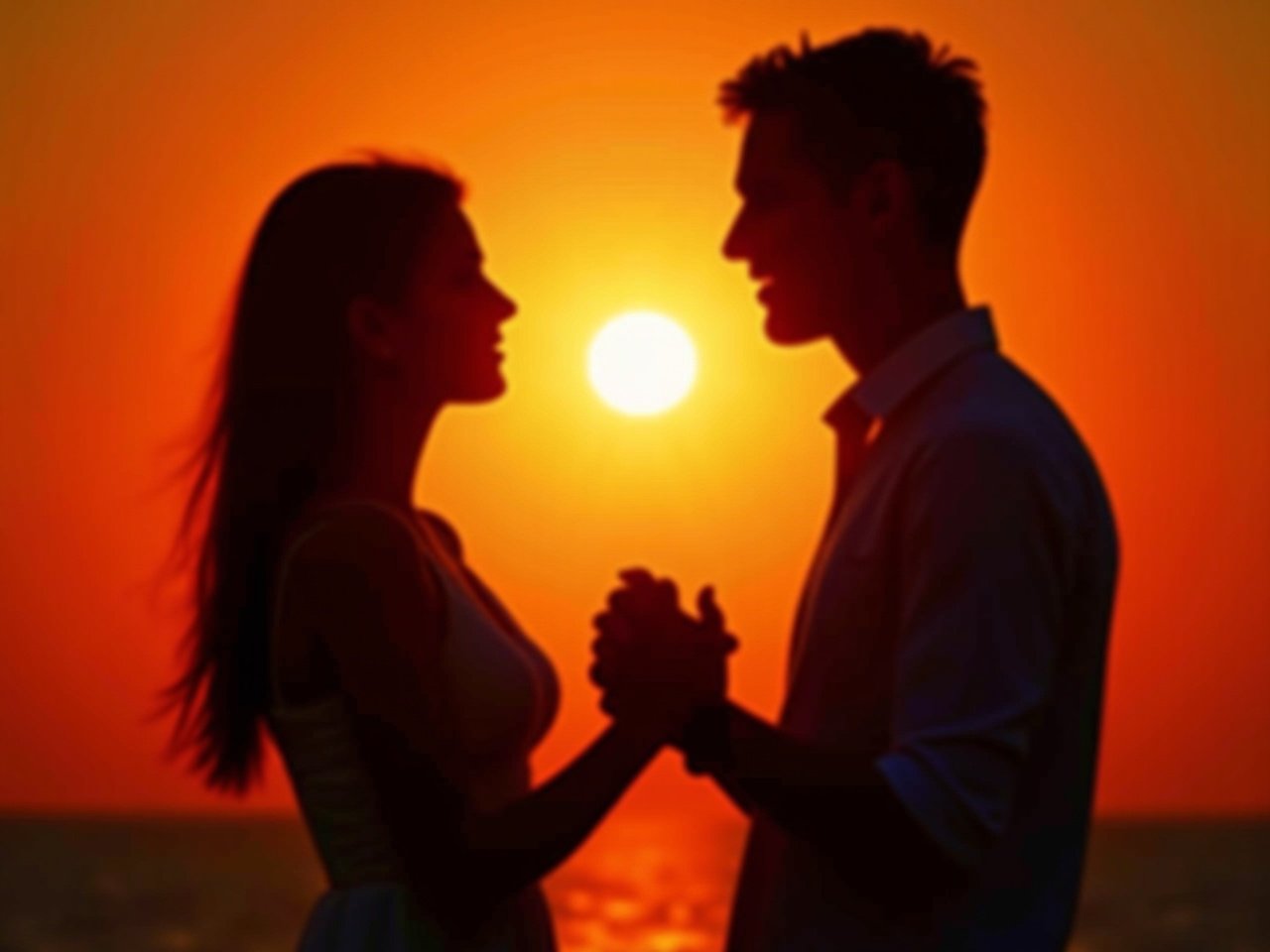 A romantic scene is depicted with two people facing each other against a stunning sunset. They are holding hands, symbolizing connection and intimacy. The sun is setting in the background, providing a warm and beautiful glow. The silhouettes of the couple stand out vividly against the vibrant colors of the sunset. This image evokes feelings of love, passion, and closeness between them. It captures a moment that speaks to deep emotional bonds.