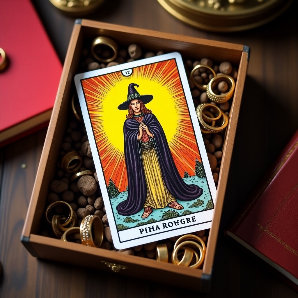 A tarot card featuring a figure in a hat and cape with a radiant background is displayed in a wooden box. The box contains various items such as rings and a red book. The vibrant colors of the card draw attention, contrasted against the wooden texture of the box. The setting suggests a mystical or spiritual theme, inviting viewers to explore the meanings of the card. This enchanting arrangement serves as a captivating representation of tarot and its significance in fortune-telling practices.