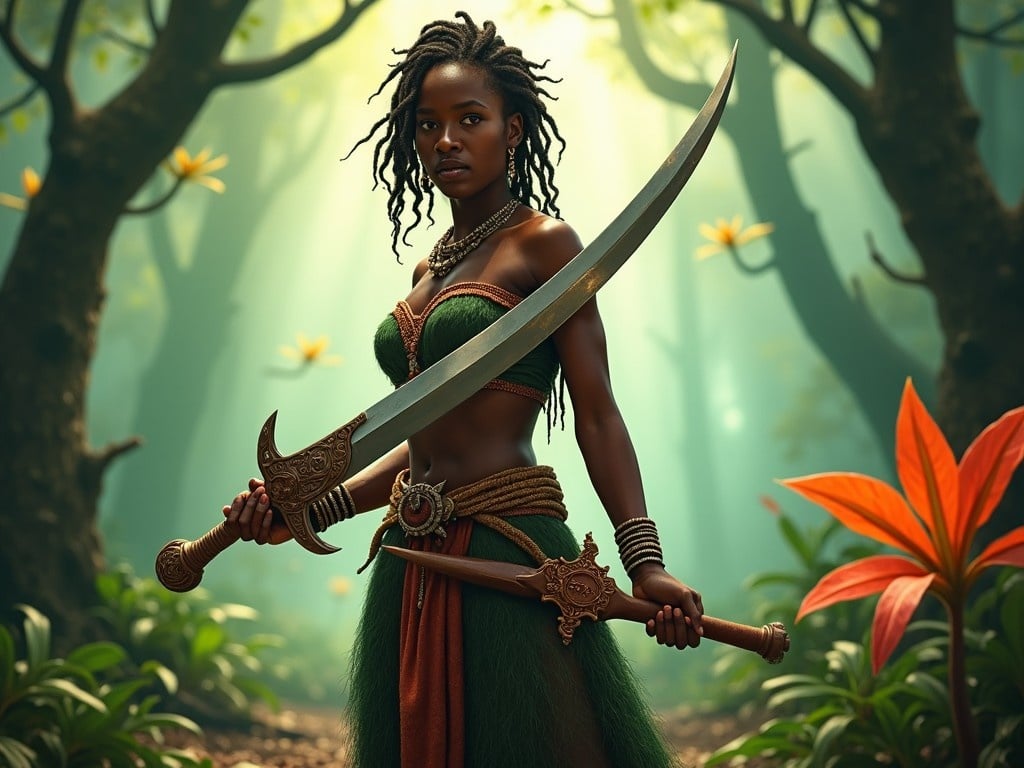 The image depicts a fierce warrior woman standing in a lush, green jungle. She has dark skin and long dreadlocks, which flow freely. In her hands, she wields a large, ornate sword, exuding strength and confidence. The sunlight filters through the trees, casting an enchanting glow around her. The rich foliage and vibrant colors create an immersive, fantastical environment, highlighting her as a powerful character.