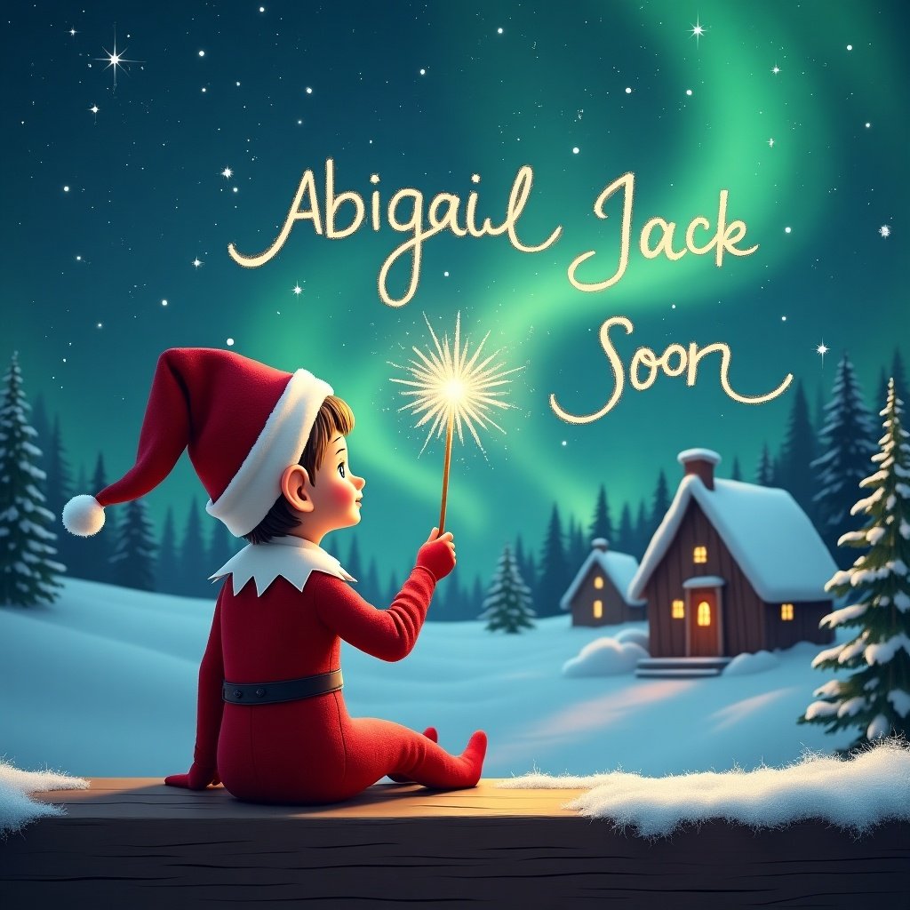 An elf sits on a wooden ledge with its back to the camera, gazing at a magical sky. The elf, dressed in a red outfit with a pointed hat, holds a sparkling wand. With the wand, the elf elegantly writes the names 'Abigail' and 'Jack' along with 'See you soon' in the starry sky. The background features a snowy landscape with charming little houses and evergreen trees under the shimmering Northern Lights. This whimsical scene captures the essence of childhood magic and Christmas cheer.