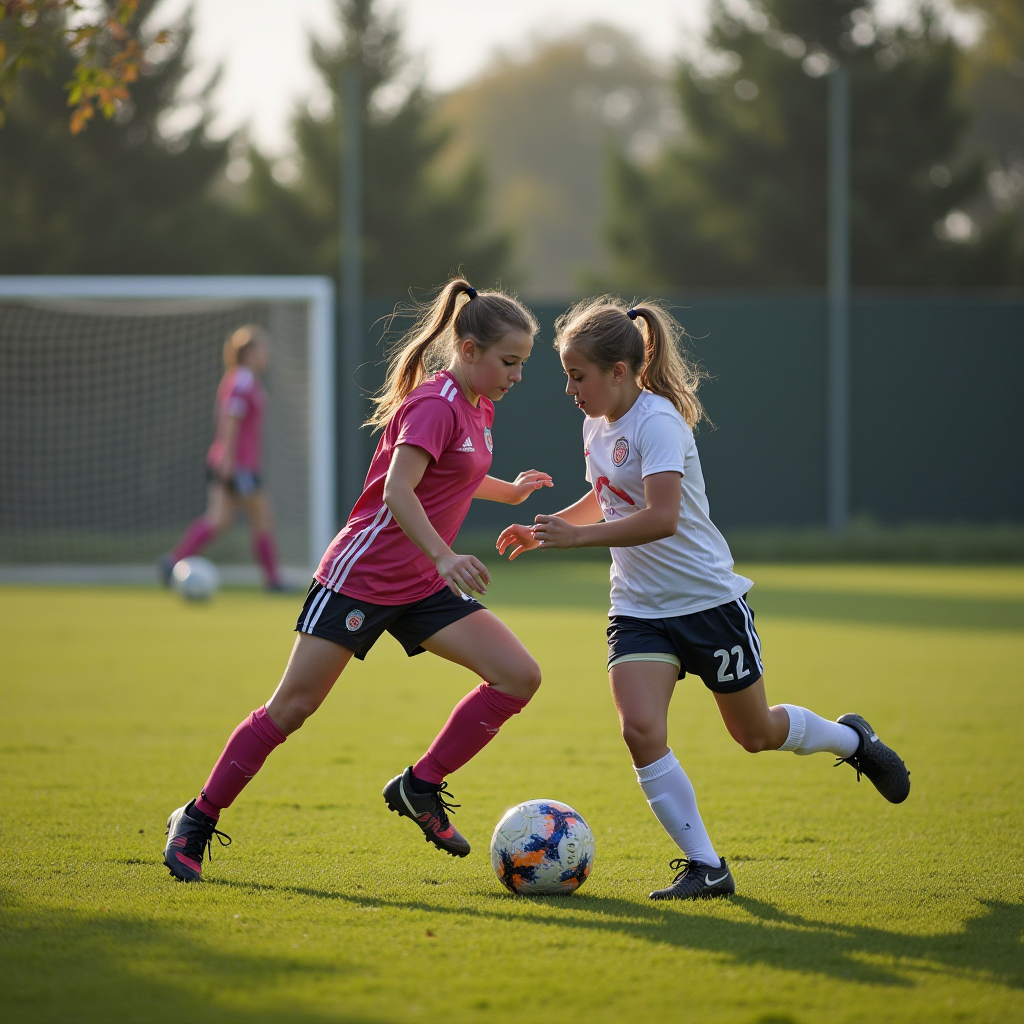 Two young soccer players compete for the ball on a sunny field.