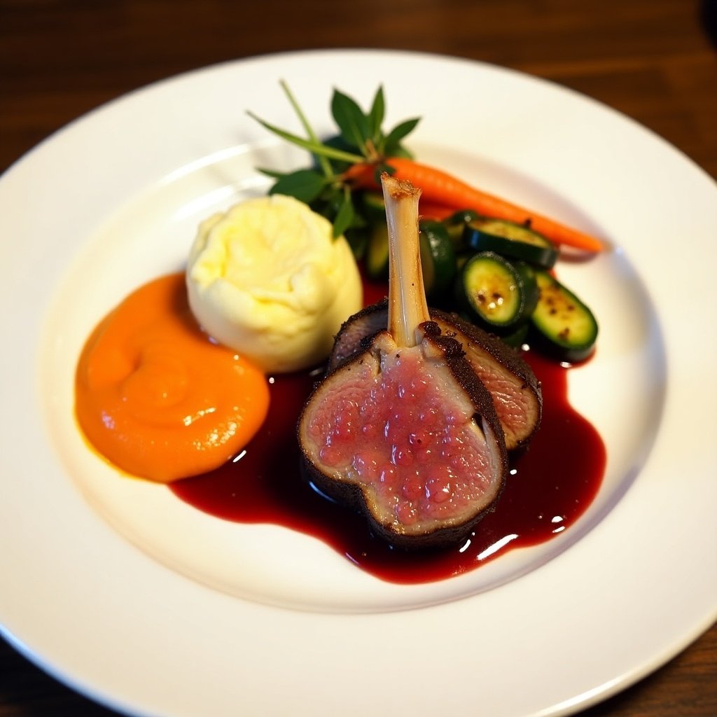 This image showcases a beautifully plated dish of pan seared duck breast. The duck is elegantly arranged on the plate, showcasing its juicy interior. Accompanying the duck is a rich cranberry reduction, adding a vibrant splash of color. Next to the duck, there is a smooth carrot puree and fluffy creamy mashed potato. A selection of roasted vegetables adds freshness and color to the presentation. The dish is garnished with fresh greenery, enhancing the overall aesthetic appeal.