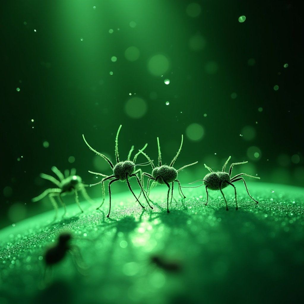 A close-up of tiny insects with spindly legs exploring a dewy surface under a green, ethereal light.