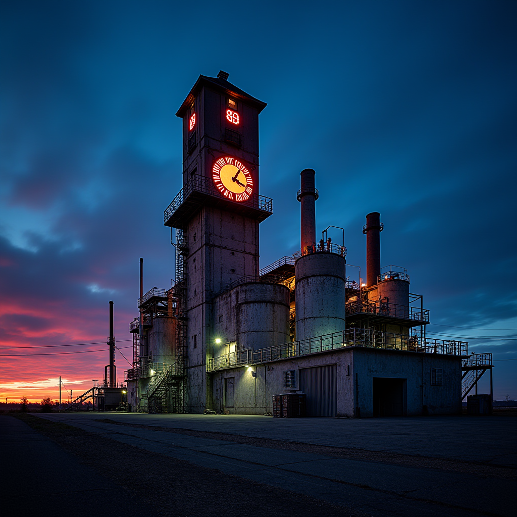 A factory with a lit clock tower stands against a sunset sky.