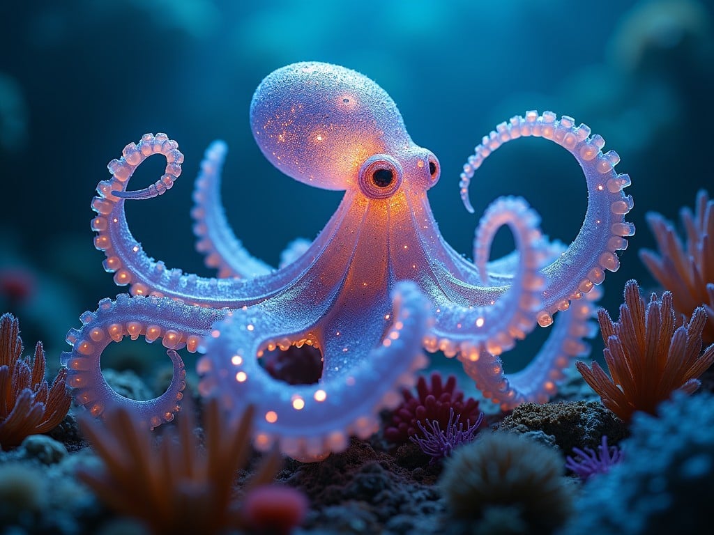 A glowing octopus with sparkling tentacles amidst colorful corals in an oceanic setting, vibrant underwater scene with bioluminescence.