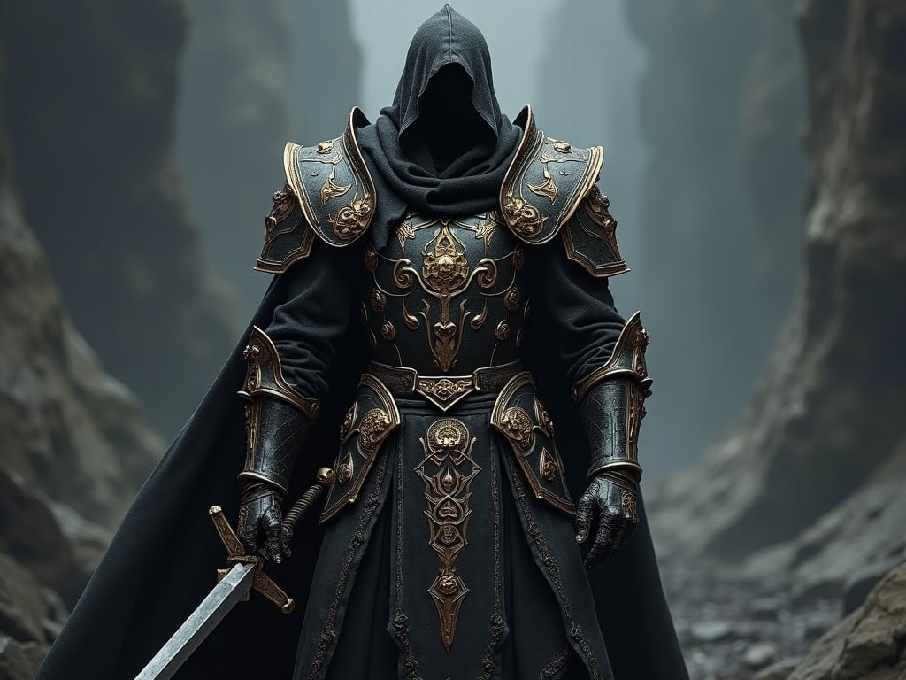 A cloaked figure stands ominously in a narrow canyon. The figure is adorned in ornate black and gold armor, exuding an air of power and mystery. A gleaming sword is held in their right hand, hinting at a potential confrontational stance. The environment is dark and atmospheric, with shadows looming and rugged terrain creating a sense of isolation. The overall impression is one of a heroic character prepared for battle in a fantastical world.