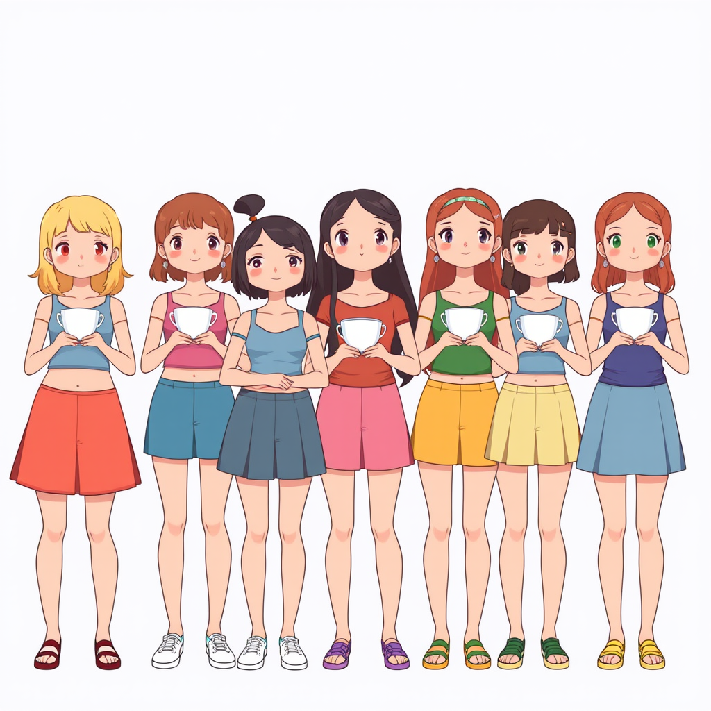 Seven anime-style characters holding mugs in a row, each dressed in vibrantly colored outfits.